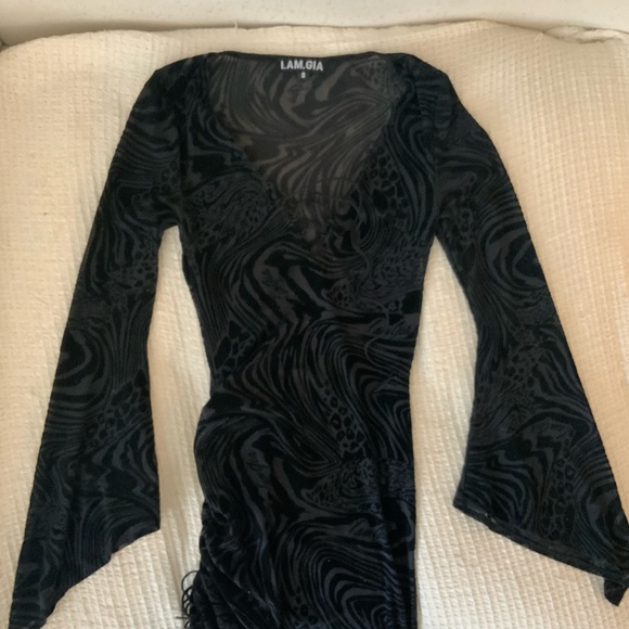 I.AM.GIA Amina Black Sheer Animal Print Lace Up Mini Dress Flare Sleeve Small - Picture 6 of 10